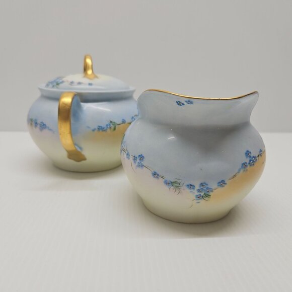 Vintage Bavaria Hand Painted Porcelain Blue Flowers Creamer & Lidded Sugar Bowl - Picture 5 of 8
